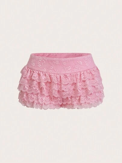 SHEIN ICON Y2K Style Sweet Solid Color Lace Ruffle Hem Ultra-Short Shorts