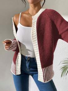 Calvaya 1pc French Style Versatile Black & White Stripe Knitted Cardigan