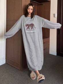 DAZY Animal Pattern Print Loose Casual Nightgown Pajama - Grey - View 6