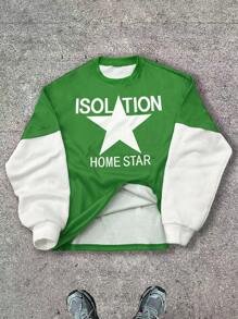 Manfinity Dauomo Green & White Splicing, 2 In 1, Star & Letter Design Men Crew Neck Pullover Sweatshirt - Multicolor - View 1