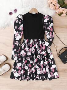 SHEIN Đầm thường ngày chữ A dài tay họa tiết hoa chắp vá màu đen cho bé gái tuổi mới lớn, mặc ở nhà và ngoài trời, mùa thu và đông - màu đen - Xem 1