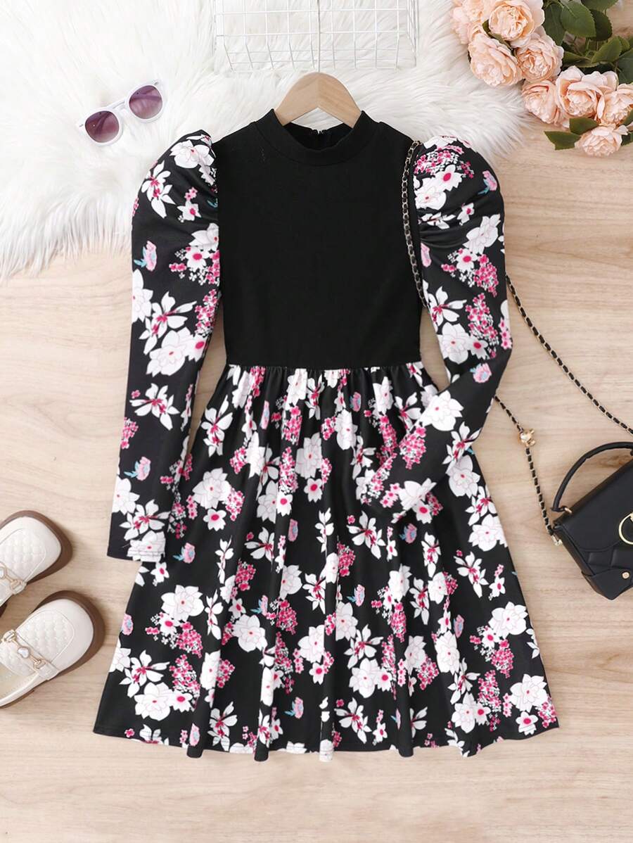 SHEIN Đầm thường ngày chữ A dài tay họa tiết hoa chắp vá màu đen cho bé gái tuổi mới lớn, mặc ở nhà và ngoài trời, mùa thu và đông - màu đen - Xem 1