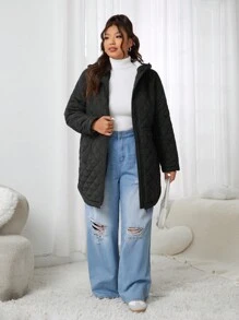 SHEIN EZwear Plus Size Women Cold Weather Thermal Quilted Black Jacket, Fall Outerwear - Black - View 5