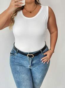 SHEIN CURVE+ Curve Plus Basic Figure-Flattering Sleeveless Round Neck White Tank Top Camisole For Autumn, For Summer