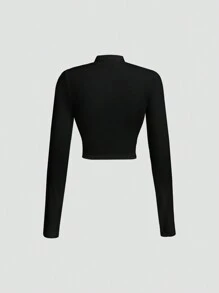SHEIN MOD 女士春秋季休闲蝴蝶结T恤，秋季，返校，外出，修身T恤 - 黑色 - 查看 2