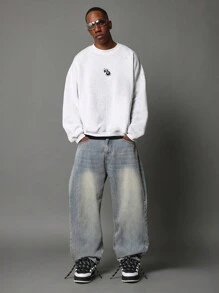 SUMWON Oversized Street Style Unisex Crew Neck Back Print Classic Logo Sweatshirt Luxury Casual Autumn Fall Winter Spring Essential - Grey - View 2