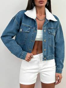 SHEIN Cottnline WOMEN DENIM FUR DETAILED DENIM JACKET - Light Wash - View 1