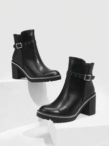 CUCCOO BIZCHIC Fashionable All-Match Commuting Comfortable Versatile Black Striped Rhinestone Round Toe Thick Heel Ankle Boots For Christmas And New Year Holiday Vibe Fall And Winter - Black - View 1