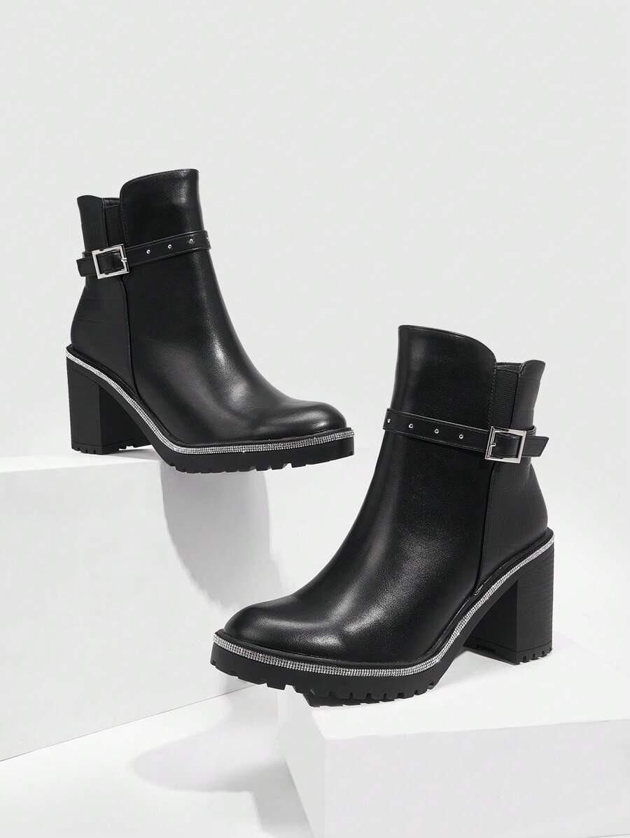 CUCCOO BIZCHIC Fashionable All-Match Commuting Comfortable Versatile Black Striped Rhinestone Round Toe Thick Heel Ankle Boots For Christmas And New Year Holiday Vibe Fall And Winter - Black - View 1