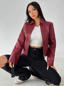 SHEIN PETITE Women Solid Minimal Collared Long Sleeve Zip Up Red PU Leather Jacket - Burgundy - View 3