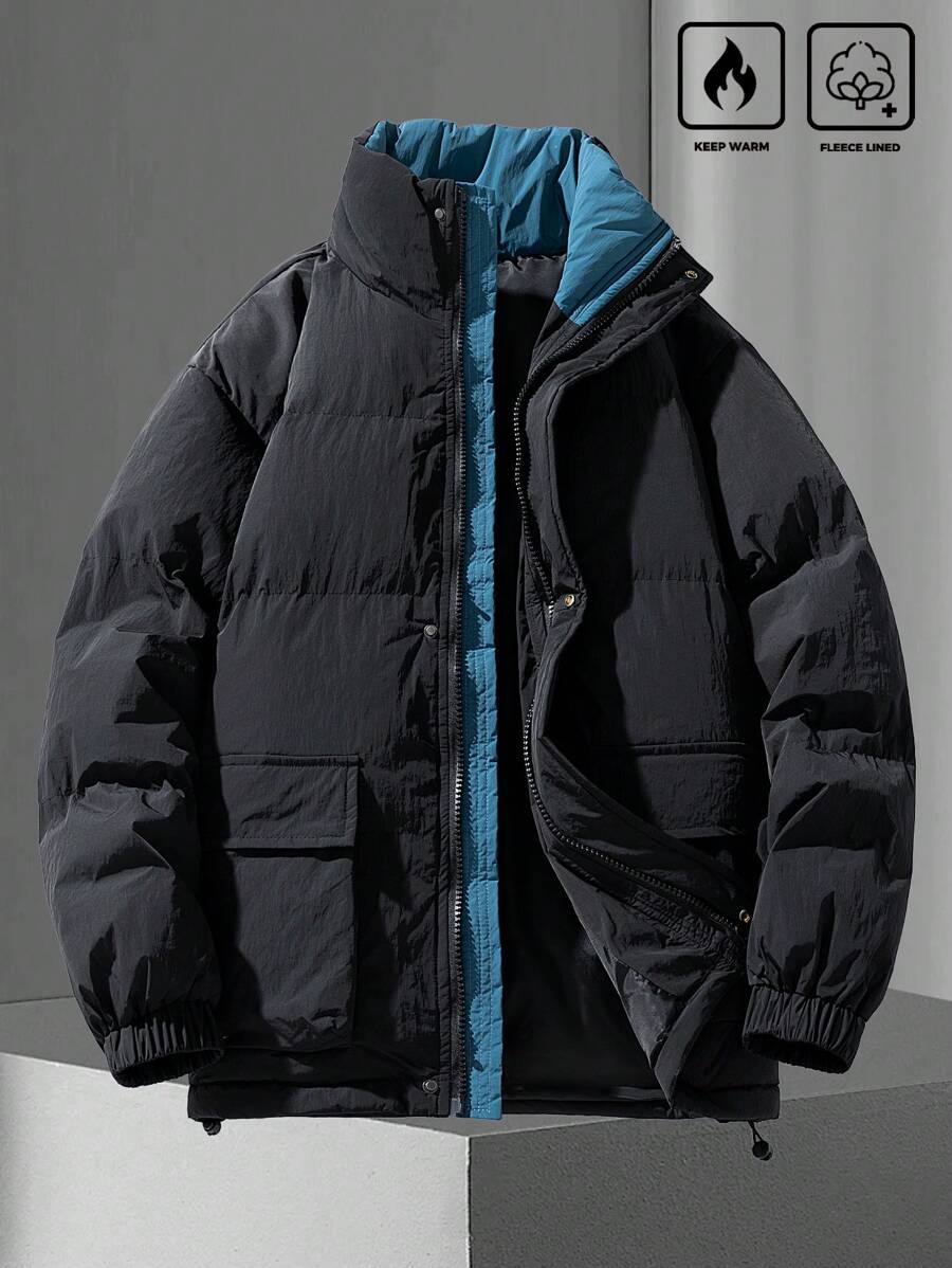 Manfinity EZcore Men's Plain Zip Up Casual Loose Fit Padded Coat With Pockets, Long Sleeve - Black - View 1