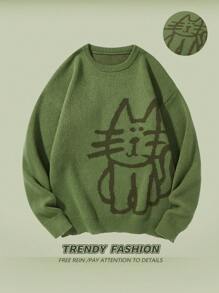 Manfinity Homme Men's Casual Cartoon Cat Pattern Sweater, Autumn/Winter - Army Green - View 1