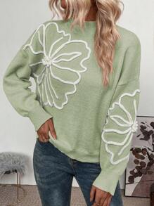 SHEIN LUNE Women Casual Embroidery Floral Pattern Stand Collar Batwing Loose Sweater - Multicolor - View 5