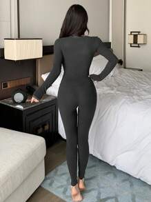 DAZY Set de 2 piezas de top de manga larga con cuello de tripulación y pantalones de unicolor con contraste de encaje, para mantener el calor
