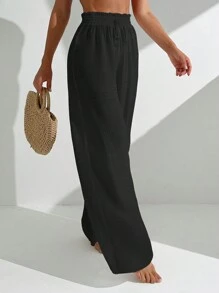 SHEIN Swim Women Summer Casual Solid Color Black Cover Ups( Pants Only) - Black - View 4