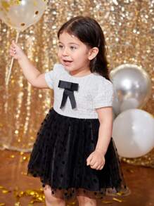 SHEIN Baby Girl Elegant Cute Color Block Bow Polka Dot Mesh Short Sleeve Dress, For Christmas - Black and White - View 3