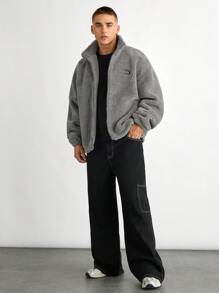 Manfinity VCAY Unisex Loose Fit Fluffy Stand Collar Zip Up Jacket, Autumn/Winter - Grey - View 3