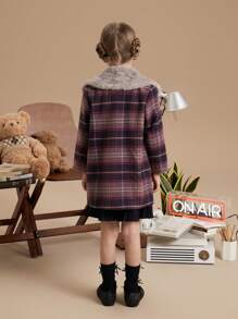 PrepCrw Geruite oversized enkelrijsjas voor jonge meisjes met pluizige kraag, losse pasvorm, voor herfst en winter, collegestijl