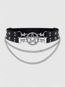 ROMWE Goth 1 件女士链条黑色双层镂空五角星装饰双层腰带腰带连衣裙配饰，百搭日常穿着