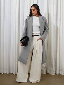 COSMINA 女士秋季简约翻领双排扣宽松外套 - 灰色 - 查看 3