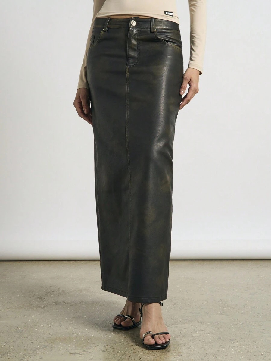 AiiRZ 仿旧皮革铅笔裙 - 黑色 - 查看 1