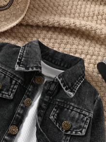 秋季男婴休闲日常破洞前扣夹克 - 黑色 - 查看 4