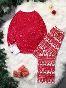 2 件套女士休闲鹿印花上衣和圣诞树鹿图案裤子睡衣套装 - 紅色 - 查看 2