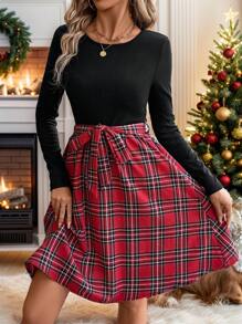 EMERY ROSE Damen Kleid mit Karomuster, Taillengürtel, Rundhalskragen, Langarm, knielang