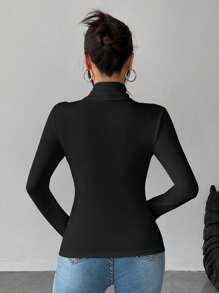 SHEIN PETITE Solid Color Slim High Collar Long Sleeve White Top - Black - View 2