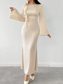 SHEIN Unity Elegant Ladies Long Dress With 3D Floral Ruffle Hem Trumpet Sleeves Fall Cloth For Women - Multicolor - View 4