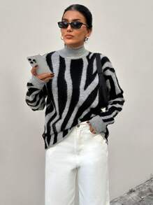 RueChic Women Zebra Print High Neck Brushed Pullover, Casual For Daily Wear - Black and White - View 3