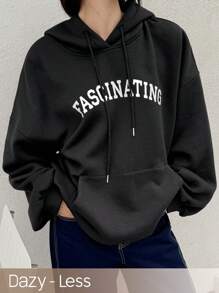 Dazy-Less 1pc Women Solid Color Loose Thermal Lined Hooded Sweatshirt With Letter Graphic,Fall Women Clothes