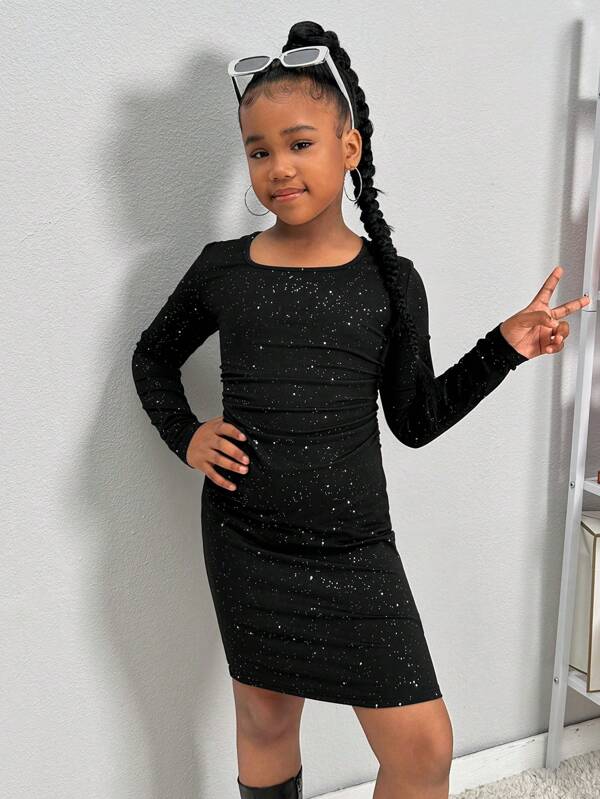 SHEIN Tween Girl, ocazional, pentru petrecere, culoare uni, cu decolteu, cu mânecă lungă, rochie confortabilă, ținute asortate pentru familie, mami și mine (2 bucăți se vând separat)