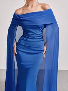 SHEIN Belle Damen Mode Herbst und Winter Bankettparty Zusammenkunft Alltags Elastisch und Mesh Kontrast Kleid, Ausschnitt Schulterfrei und großer Puffärmel Design modisch sexy schlank, tailliertes blaues Kleid Abendkleid, elegantes Ballkleid für Hochzeitsgäste, Abschluss, Dinner - Blau - Übersicht 3