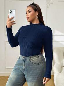 SHEIN EZwear T-shirt à manches longues en tricot côtelé col montant grande taille pour femmes - Bleu marine - Voir 3