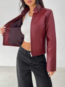 SHEIN PETITE Women Solid Minimal Collared Long Sleeve Zip Up Red PU Leather Jacket - Burgundy - View 8