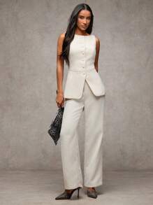 SHEIN BAE 女士翻领前扣无袖西装外套和裤子优雅套装秋冬 - 杏色 - 查看 6