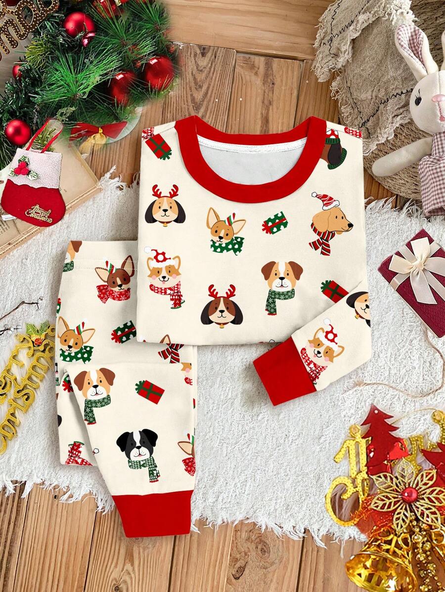 SHEIN Leap Crew 圣诞快乐，可爱小狗图案休闲舒适长袖上衣和长裤，贴身女婴家居服，适合秋冬季 - 彩色 - 查看 1