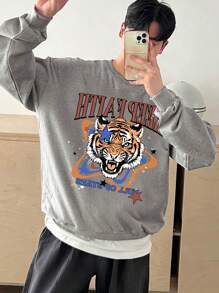DAZY Men's Casual Tiger & Letter Print Crew Neck Long Sleeve Pullover Sweatshirt - Grey - View 1