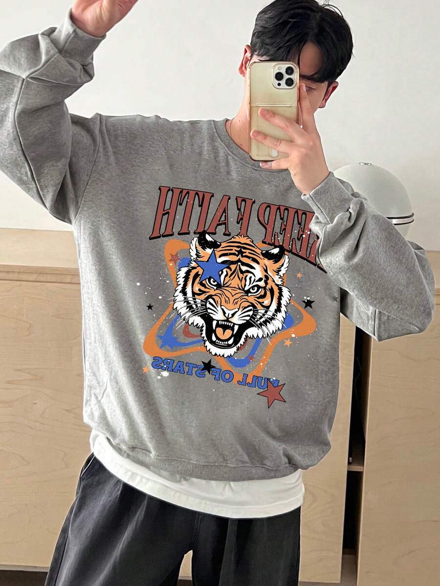 DAZY Men's Casual Tiger & Letter Print Crew Neck Long Sleeve Pullover Sweatshirt - Grey - View 1