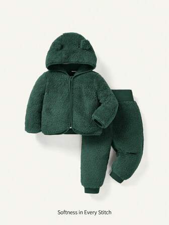 Cozy Pixies 2 件装女婴连帽衫，带羊毛夹克和厚肚脐长裤套装