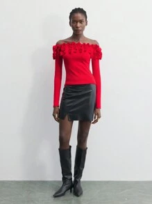 Maija 1 Stück Damen roter einfarbiger Applikations-Off-Shoulder eleganter Strickpullover, gemütlich und romantisch, geeignet für Weihnachten, langärmelige warme Oberseite