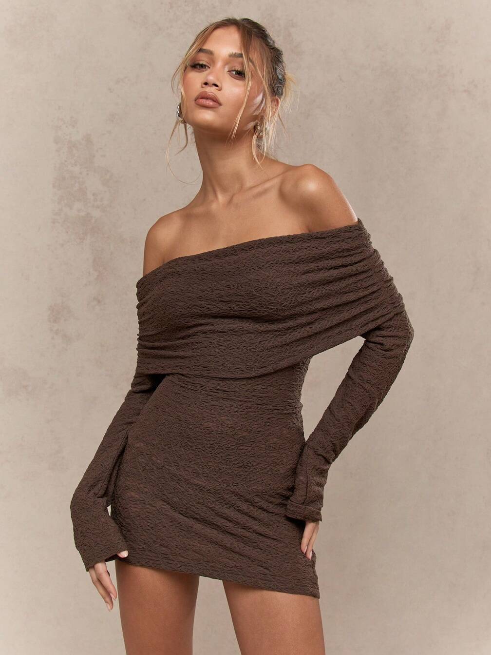 brown dress missguided MISSGUIDED Off Shoulder Textured Mini Dress Ruched Bodycon Long Sleeve Elegant Evening Party Fall Winter Fashion,M