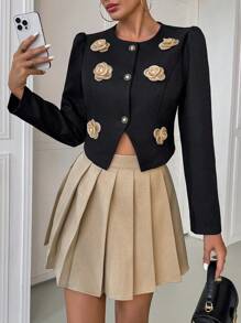 Calvaya 2pcs Flower Decor V-Neck Single Breasted Jacket And Pleated A-Line Skirt Set For Women