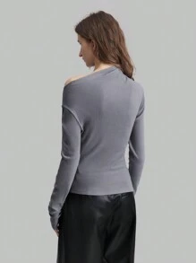 Ontre Dames Zwarte Asymmetrische Hals Gerimpelde Lange Mouw Getailleerde Top Off The Shoulder Shirt