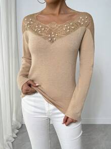 Chiquease 女士蕾丝拼布长袖仿珍珠装饰休闲套头衫 - 杏色 - 查看 3