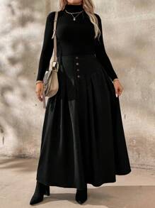 Calvaya Plus Size Solid Color Button Decor Casual Skirt Maxi - Black - View 7