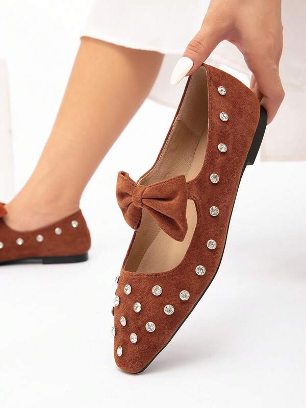 CUCCOO CHICEST Brown Elegant Crystal Bow Faux Suede Rounded Toe Cute Flat Shoes For Women
