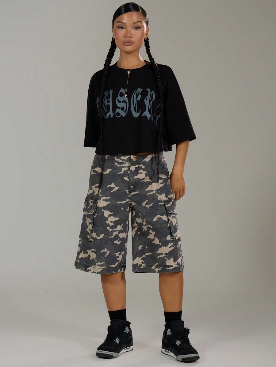 MUSERA 迷彩印花工装牛仔短裤，90年代春季可爱夏日晚宴优雅风。 - 彩色 - 查看 1