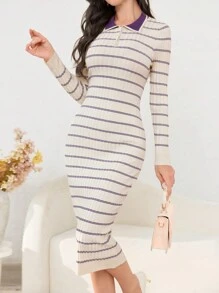 Modelyn Women Front Button Long Sleeve Striped Minimalist Knit Sweater Dress, Casual Everyday Wear Fall Cloth For Women - Apricot - View 6